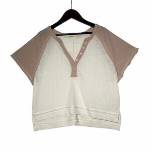 Millibon USA Henley Top S Cream/Tan SS Pullover Cropped Basic Casual Minimalist